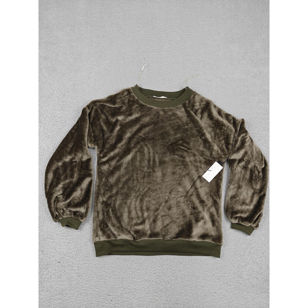 Andree By Unit Sweater Womens Medium Olive Plush Velour Crewneck Pullover Top‎